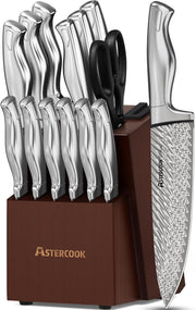 Knife Set, 15-Piece Kitchen Knife Set with Block, Built-In Knife Sharpener, German Stainless Steel Knife Block Set, Dishwasher Safe